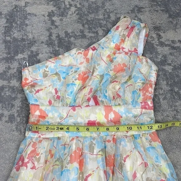New Likely Sara Dress Floral Watercolor Metallic One Shoulder Midi Sz 0